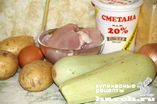 Куриное филе с кабачками и картофелем под сыром