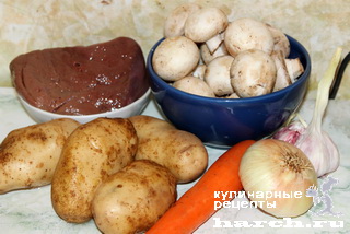 Печень, запеченная с грибами под картофельной шубой