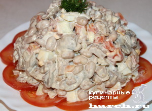 Салат из печени трески с фасолью и грибами "Море"
