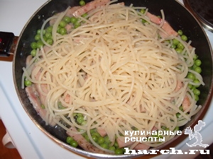 Спагетти с ветчиной и зеленым горошком